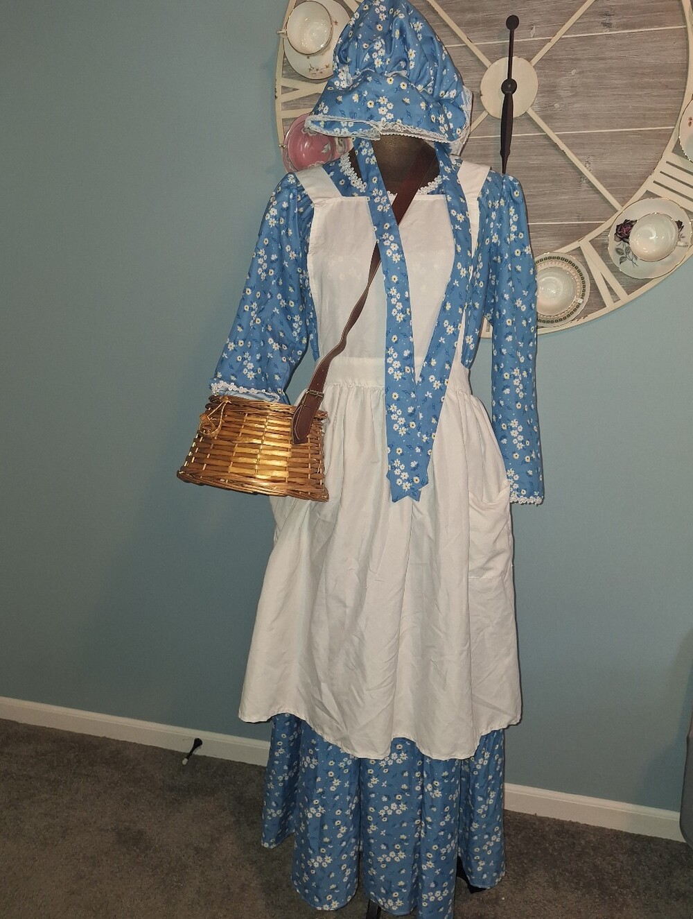 Blue Floral Hooded Prairie Dress with White Apron